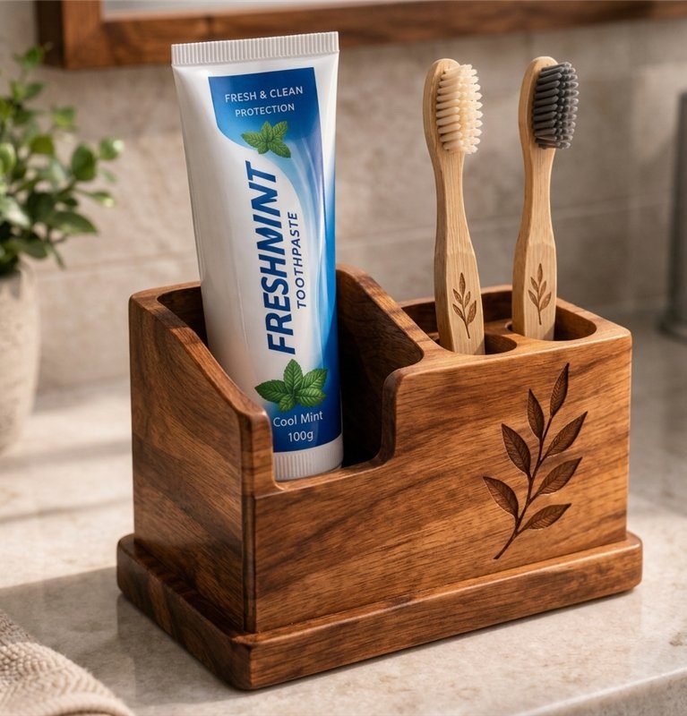 Wooden Toothpaste and Toothbrush Holder